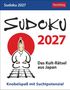"Sudoku 2027", "Das Kult-Rätsel aus Japan", "Knobelspaß mit Suchtpotenzial". Illustration: Mönch über einem Sudoku., Kalender