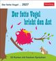 „Der fette Vogel bricht den Ast“, bunter Vogel fällt von einem Ast, ein Hamster schaut zu, Blätter fliegen., Kalender