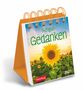"365 gute Gedanken" steht in großen Buchstaben über einem Sonnenblumenfeld bei Sonnenuntergang, Kalender für 2027., Kalender