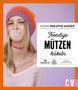 „Kleine kreative Auszeit: Hyggelige Mützen häkeln. 20 Projekte für die ganze Familie.“ Eine Frau in lila Kleidung lächelt., Buch