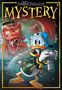 Text: "Mystery" und "Lustiges Taschenbuch". Eine Comic-Ente mit Kamera und Rucksack, verfolgt von einem wütenden roten Monster., Buch