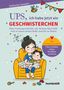 Buchtitel: "UPS, ich habe jetzt ein GESCHWISTERCHEN". Kind auf gelbem Sessel mit Baby auf dem Schoß. Bunte Punkte im Hintergrund., Buch
