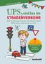 Text: "UPS, viel los im STRAßENVERKEHR" - Illustration eines Kindes an Ampel, Auto auf Zebrastreifen., Buch