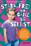 Buchtitel: Stark, frei und ganz sie selbst. Kind in lila Shirt lächelt, hält Hände in Hosentaschen. Hintergrund bunt., Buch