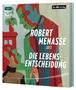 Text: „Robert Menasse liest Die Lebensentscheidung“. Illustration mit stilisierten, überlagernden Gesichtern in Rot, Blau und Grün., MP3-CD
