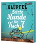Text: "Volker Klüpfel liest Letzte Runde für Tisch 7". Illustratives Cover mit blauem Hintergrund, Vogel auf Metallgestell., MP3-CD