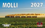 Text: "MOLLI 2027". Eine Dampflokomotive zieht Wagen durch ein grünes Feld unter einem klaren Himmel. Logo unten rechts.