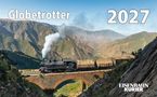 "Globetrotter 2027". Eine Dampflokomotive fährt über eine Brücke in einer gebirgigen Landschaft bei klarem Himmel.