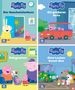 Text: "Peppa Pig" mit Titeln: "Der Geschwisterkurs", "Ein größeres Auto", "Babynamen", "Oma Lockes Kunst-Bus".  
Illustration von Peppa Pig und anderen Charakteren in verschiedenen Szenen., Buch
