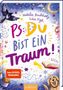"PS: Du bist ein Traum!" in bunten, verspielten Schriften auf einem Hintergrund mit Sternen, Hund, Buch und Schmuck., Buch