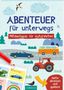 "ABENTEUER für unterwegs. Mitmachspaß für Autofahrten. Seite abreißen und spielen!" Illustration mit Autos und Landschaft.