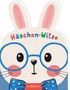 „Häschen-Witze“ in bunten Buchstaben. Illustration eines Hasenkopfes mit blauer Brille und Fliege., Buch