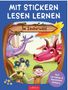 "Mit Stickern lesen lernen", "Im Zauberwald". Zwei freundliche Figuren, ein lila und ein roter Drache. Märchenhafte Szenerie., Buch