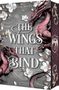 „The Wings That Bind“. Zwei rosafarbene Drachen vor grauem Hintergrund mit weißen Blumen und goldenen Akzenten., Buch