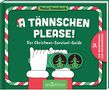 Titel: A TÄNNSCHEN PLEASE! Untertitel: Der Christmas-Survival-Guide. Illustration: Hände mit Fernglas, Tannenbäume sichtbar.