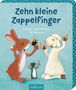 "Zehn kleine Zappelfinger. Lieder und Reime für Kleine." Illustration von Hase, Schaf, Maus mit Partyhüten., Buch