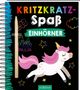 „KRITZKRATZ-SPAß EINHÖRNER“, bunter Text, eine Illustration mit einem springenden Einhorn vor einem dunklen Hintergrund., Buch