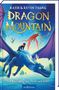Titel: "Dragon Mountain" von Katie & Kevin Tsang. Untertitel: "Die Rückkehr der Feuerwächter". Ein Junge reitet auf einem blauen Drachen., Buch