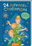 "24 Advents-Challenges" in bunten Buchstaben. Illustration von fröhlichen Kindern, die Weihnachtskugeln halten., Buch