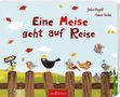 „Eine Meise geht auf Reise“. Bunte Vögel mit Mützen auf einem Holzzaun, Herbstblätter fallen., Buch