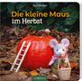"Die kleine Maus im Herbst" von Outi Kaden. Eine Maus mit Schal steht neben einem Kürbis, Blätter und Korb mit Äpfeln umgeben.