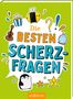 "Die besten Scherzfragen" in bunten Buchstaben auf grünem Hintergrund, mit Illustrationen von Biene, Pinguin und Stern.