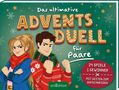 „Das ultimative Adventsduell für Paare“, Illustration mit entschlossenen Personen in Winterkleidung., Buch
