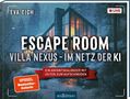 „Escape Room: Villa Nexus - Im Netz der KI“. Moderne Villa im verschneiten Wald, großes Glasdesign mit warmem Licht., Buch