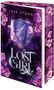 Text: "LEIA STONE", "VORAB COVER", "LOST GIRL", "one". Dunkler Hintergrund mit violetten Blumenillustrationen., Buch