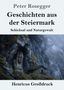 "Peter Rosegger: Geschichten aus der Steiermark - Schicksal und Naturgewalt. Henricus Großdruck."  
Skulptur im Felsen, Hütte., Buch