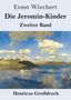 Text: "Ernst Wiechert, Die Jeromin-Kinder, Zweiter Band, Henricus Großdruck".  
Gemälde: Landschaft mit Fluss, Hügel, Wolkenmeer., Buch