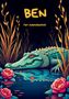 Text: "BEN Tier-Ausmalbuch". Illustration eines Krokodils im Schilf mit rosa Blumen am Wasser.