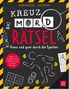 „Kreuz Wort Rätsel“ mit „Mord“ hervorgehoben durch Fingerabdruck. Illustrationen von Schachbrett und Kreidefigur., Buch