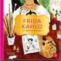 "FRIDA KAHLO Ein Leben in allen Farben" steht im Zentrum. Eine Illustration mit Malutensilien und einer Skizze von Frida., Buch