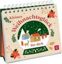 "Kleines Weihnachtsglück für dich" steht auf einem Kalender, verziert mit winterlichen Häuschen und Weihnachtsmotiven., Buch