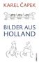 „KAREL ČAPEK, BILDER AUS HOLLAND“. Zeichnung: Kühe, Windmühlen, Fluss und zwei Radfahrer., Buch