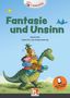 "Fantasie und Unsinn" von Astrid Ulm. Ein Drache mit vielen Gepäckstücken auf dem Rücken, blauer Vogel in der Ecke., Buch