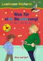 Titel: "Was für eine Bescherung!". Ein Junge und eine schwangere Frau mit Schleife um den Bauch. Oben Hase und Igel., Buch