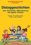Dialoggeschichten über Demokratie. Vier Kinder sitzen auf einer Bank, diskutieren lebhaft, Vogel fliegt vorbei.