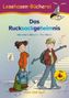 Oben steht "Lesehasen-Bücherei". Titel: "Das Rucksackgeheimnis". Zwei Kinder, ein Junge, ein Mädchen, mit Rucksäcken auf Treppe., Buch