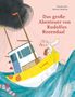 „Das große Abenteuer von Rudolfus Rozendaal“. Ein Hund mit Schal auf einem gelben Boot im stürmischen Meer.