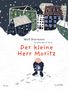 "Der kleine Herr Moritz" in roter Schrift, darüber Wolf Biermann, Carlotta Marín Pérez. Schneebedeckte Häuser und ein Mann im Vordergrund.
