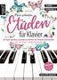 Titel: "Meine schönsten Etüden für Klavier". Blumen und Schmetterlinge umrahmen pinken Schriftzug. Klaviertasten darunter., Buch