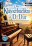 Buchtitel: "Das Klavierbüchlein in D-Dur". Ein Klavier auf einer Terrasse mit Aussicht bei Sonnenuntergang., Buch
