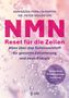 Buchtitel: "NMN Reset für die Zellen". Hintergrund: flüssigkeitsähnliche Textur in rosa und lila Tönen., Buch