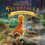 Der Titel „Der letzte Feuerfalke und das Silbermoor“. Drei fantasievolle Kreaturen in einem dichten Wald: ein oranger Vogel, ein Eichhörnchen und eine Eule., CD