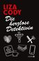 Text: „Liza Cody“, „Die herzlose Detektivin“, „Die Schnell Imbiss Detektivin“. Illustrationen: Herz, Wurst, Schere, Tasse., Buch
