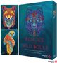 "FUCHS Zukunft", "EULE Magie", "ECHOES OF THE WILD SOULS". Illustrationen von Tieren in leuchtenden Farben.