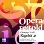 Große, bunte Buchstaben auf einem Hintergrund. Text: "Opera re:told Giuseppe Verdi Rigoletto, erzählt von Frederic Böhle, begleitet von Gutenberg Winds". Oben links, kleiner Text: "BUCHFUNK"., 2 CDs