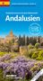 "Andalusien: Entdeckertouren mit dem Wohnmobil" zeigt ein idyllisches spanisches Landschaftsbild mit blühenden Bäumen., Buch